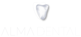 logotipo grande da Alma Dental que são dois dentes um delineado e outro realista com as palavras Alma dental em branco